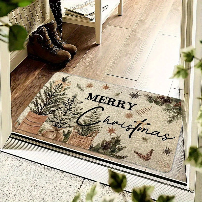 1Pc Vintage Christmas Doormat Machine Washable Polyester Festive Holiday