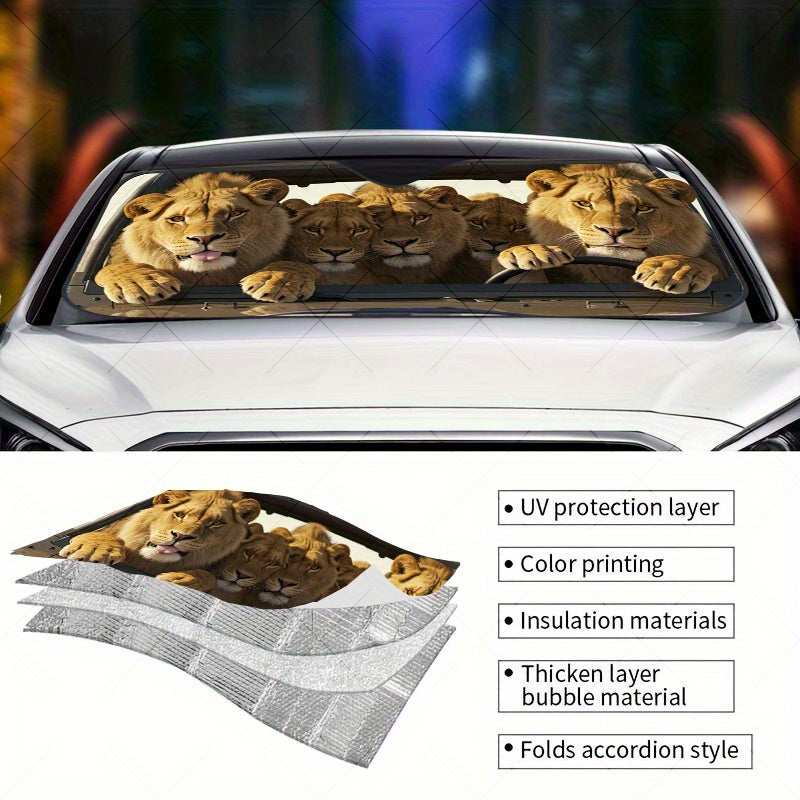 1pc Five Lions Car Travel Pattern Design RV Front Window Windshield Sun Shade Featuring 4 Complimentary Suction Cups  a Foldable Sun Visor That Blocks UV Rays And Provides Heat Protection DQDG27.