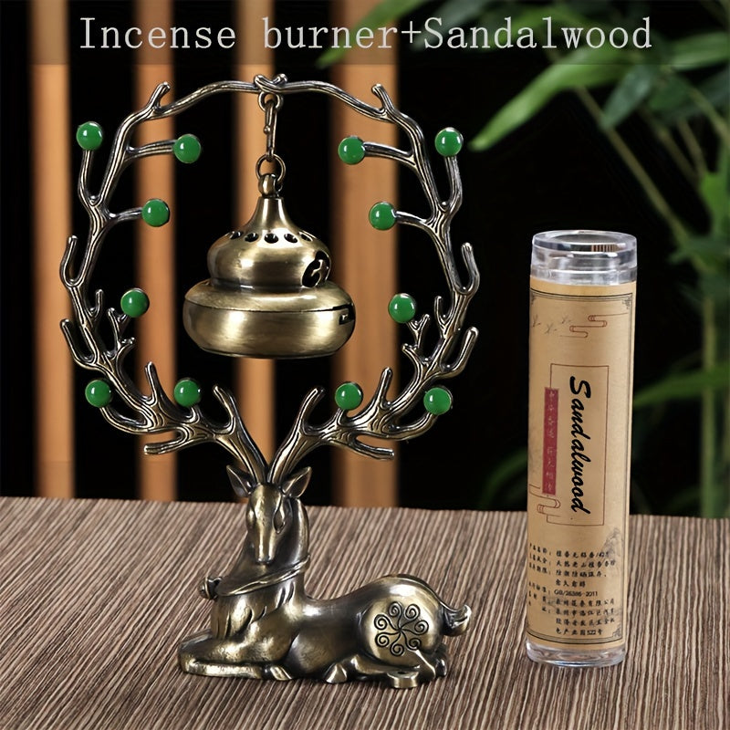 LASODY Elegant Chinese Style Incense Burner with Deer Base   Metal  Green Jade Beads & Golden Bell  Perfect for Home Decor  Christmas  Valentine's  Thanksgiving  Mother'S & Father'S Day  Accessory|Traditional Aesthetic|Elegant Design  Incense Holde