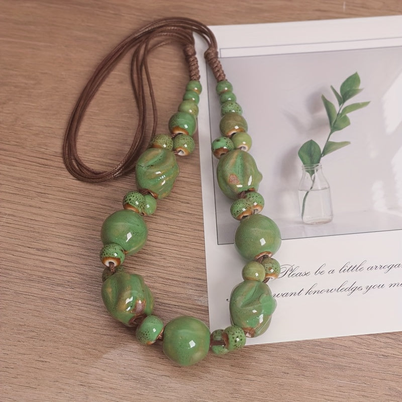 Bohemian Style Brown Synthetic Fiber Rope Ceramic Bead Necklace   Handwoven Vintage Ethnic Style Adjustable Women'S Necklace  Elegant Daily Wear | Bohemian Vintage Style | Adjustable Necklace High Temperature Kiln Fired Ceramic Beads  Women'S Daily Access