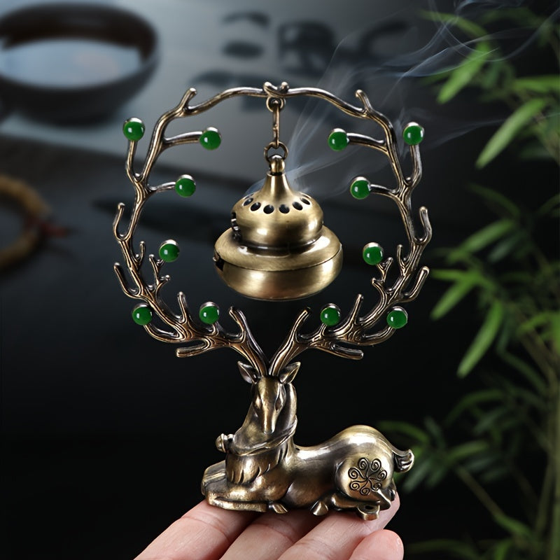 LASODY Elegant Chinese Style Incense Burner with Deer Base   Metal  Green Jade Beads & Golden Bell  Perfect for Home Decor  Christmas  Valentine's  Thanksgiving  Mother'S & Father'S Day  Accessory|Traditional Aesthetic|Elegant Design  Incense Holde