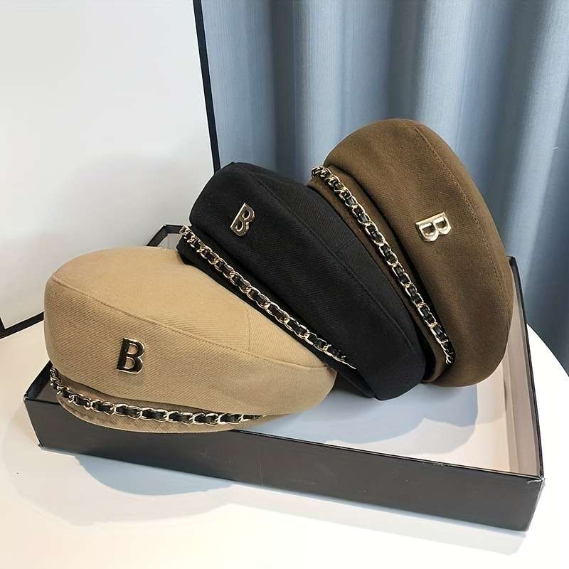 1pc Elegant Chain Decor Beret Lightweight British Style Painter Cap