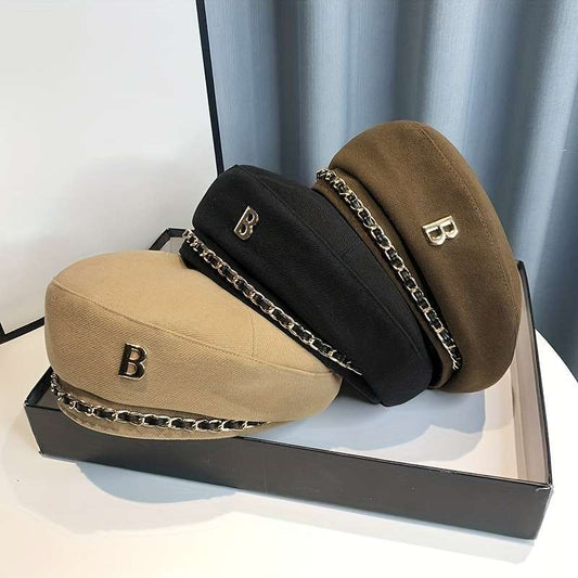 1pc Elegant Chain Decor Beret Lightweight British Style Painter Cap