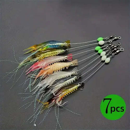 7pcs Luminous Shrimp Soft Lure Glow in the Dark Fishing Lure with Hooks Swivels 8cm 3.15inch 5g