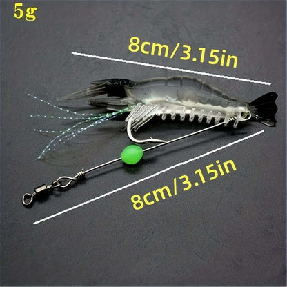 7pcs Luminous Shrimp Soft Lure Glow in the Dark Fishing Lure with Hooks Swivels 8cm 3.15inch 5g