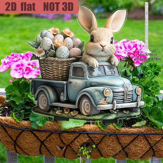 1pc 2D Flat acrylic charming bunny and retro truck garden piles Easter themed outdoor