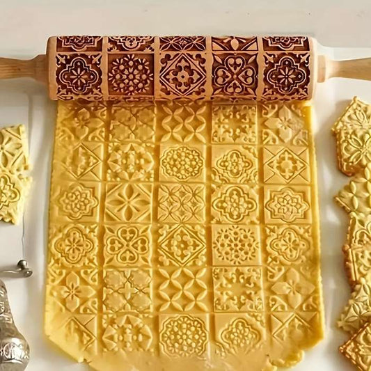 1pc Wooden Embossing Rolling Pin 13.77x1.77 Christmas Halloween Printed for Pizza Pies