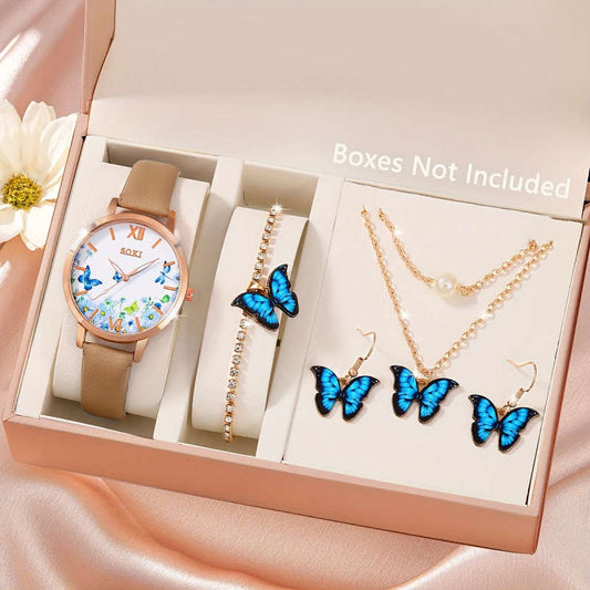 5pcs set Women'S Butterfly Jewelry Set with Quartz Watch