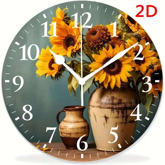 1pc 2D Round Wall Clock Design Wood Sign Vintage Sunflower Yellow Flower Floral Print Print Wall