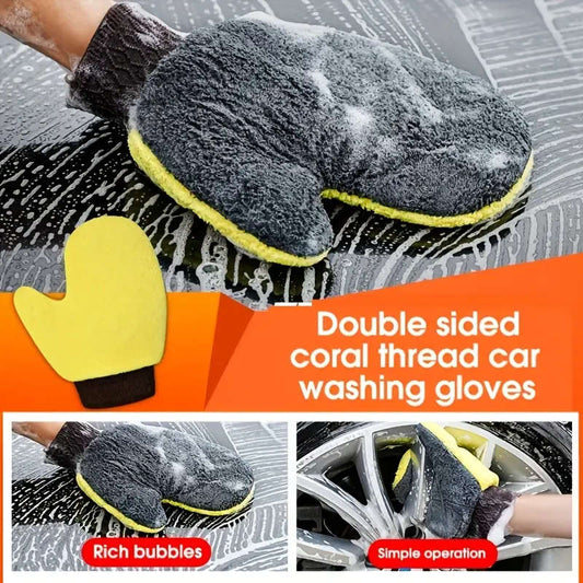 1pc Double-Sided Coral Thread Car Wash Gloves Polyester Chenille Wipe Towel Paint-Free