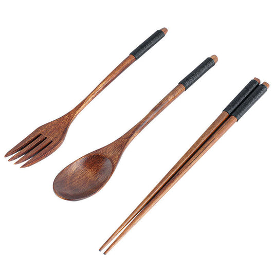 3pcs Japanese-Style Wooden Tableware Set Spoon Chopsticks Fork