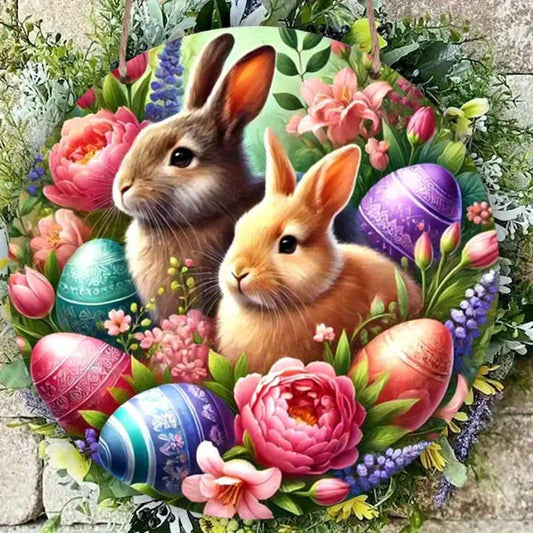 1pc Easter Bunny Eggs Wooden Sign 19.81cm Round Perfect for Indoor Outdoor Decor Wreath Accent Ideal for Home Bar Garage Cafe and Garden