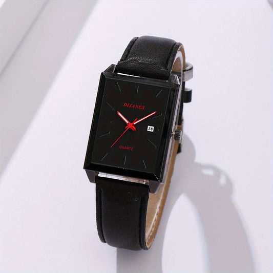 1pc Elegant Rectangular Quartz Watch for Men and Women with PU Leather Strap Date Display