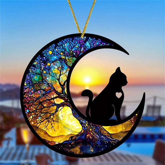 1pc 2D Flat Stained Glass Style Cat Moon Acrylic Sun