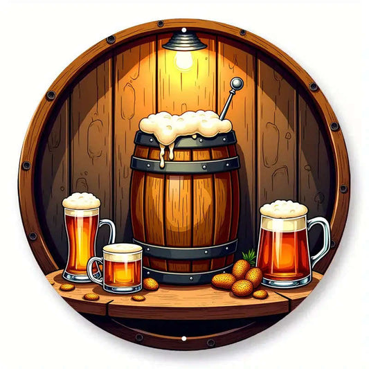 1pc Vintage Beer Barrel Round Aluminum Sign Rustic Metal Wall Art with Frothy Beer Bar Decor Elements Ideal for Home Garage Dining Room Cafe Garage Decoration|Rustic Decor|Wooden Barrel Design Beer Accessories 2D Perfect for Room Decor