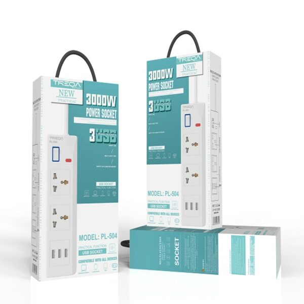 Treqa PL-504 Power Socket 2 with Off Switch Button+ 3 USB Port 2M Cable
