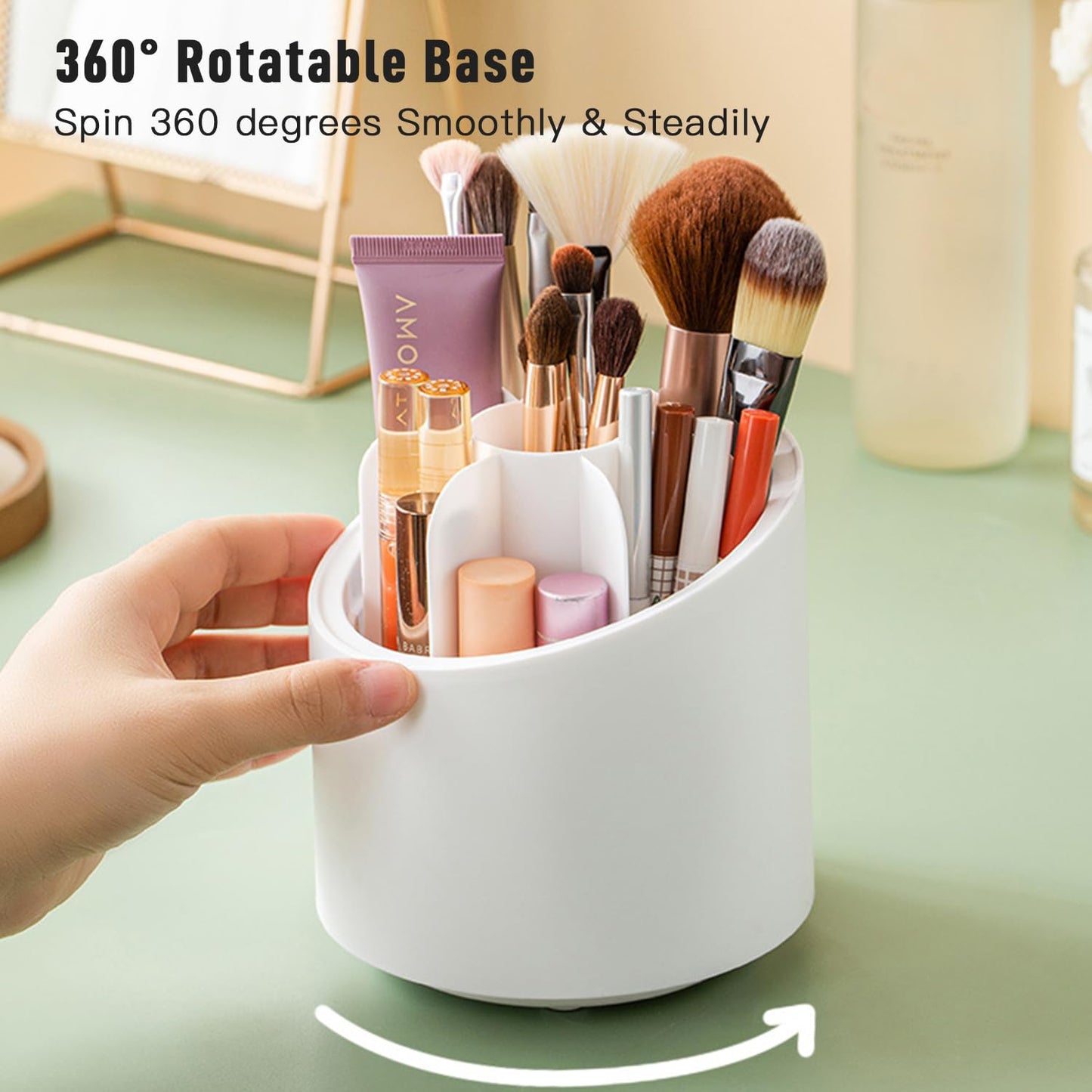 Makeup Brush Holder Organizer with Lid 360 Rotating Dustproof Makeup Brushes Container with Clear Acrylic Cover, Spinning Cosmetics Holders Storage Cup for Vanity Desktop Bathroom Countertop