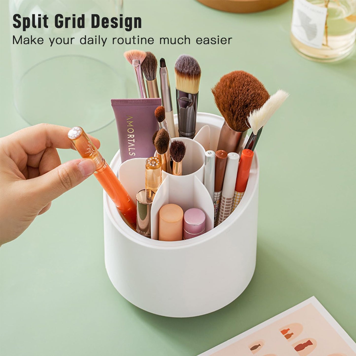 Makeup Brush Holder Organizer with Lid 360 Rotating Dustproof Makeup Brushes Container with Clear Acrylic Cover, Spinning Cosmetics Holders Storage Cup for Vanity Desktop Bathroom Countertop