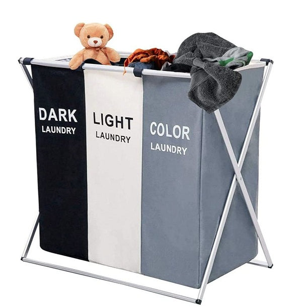 Detachable Foldable Laundry Basket With 3 Colors Separated Compartments
