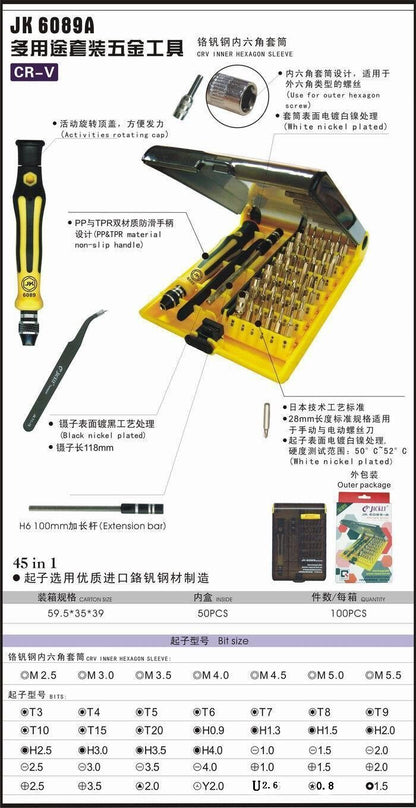 45 in 1 Magnetic Screwdriver Tweezer Repair Tool Set JK 6089-A for phone Tablet