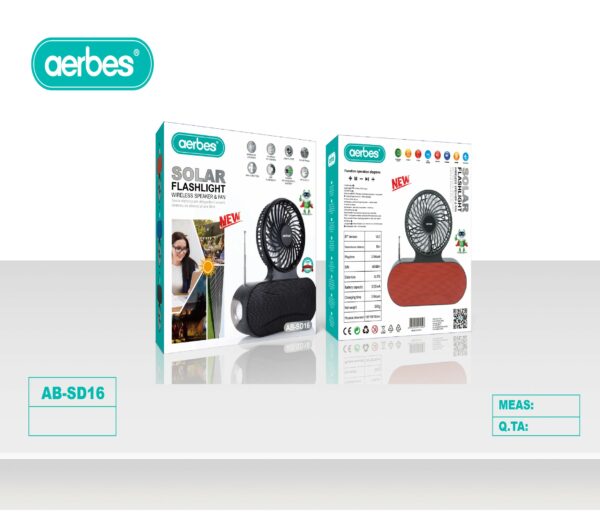 Aerbes AB-SD16 Solar Powered Bluetooth Speaker Flashlight With Mini Fan