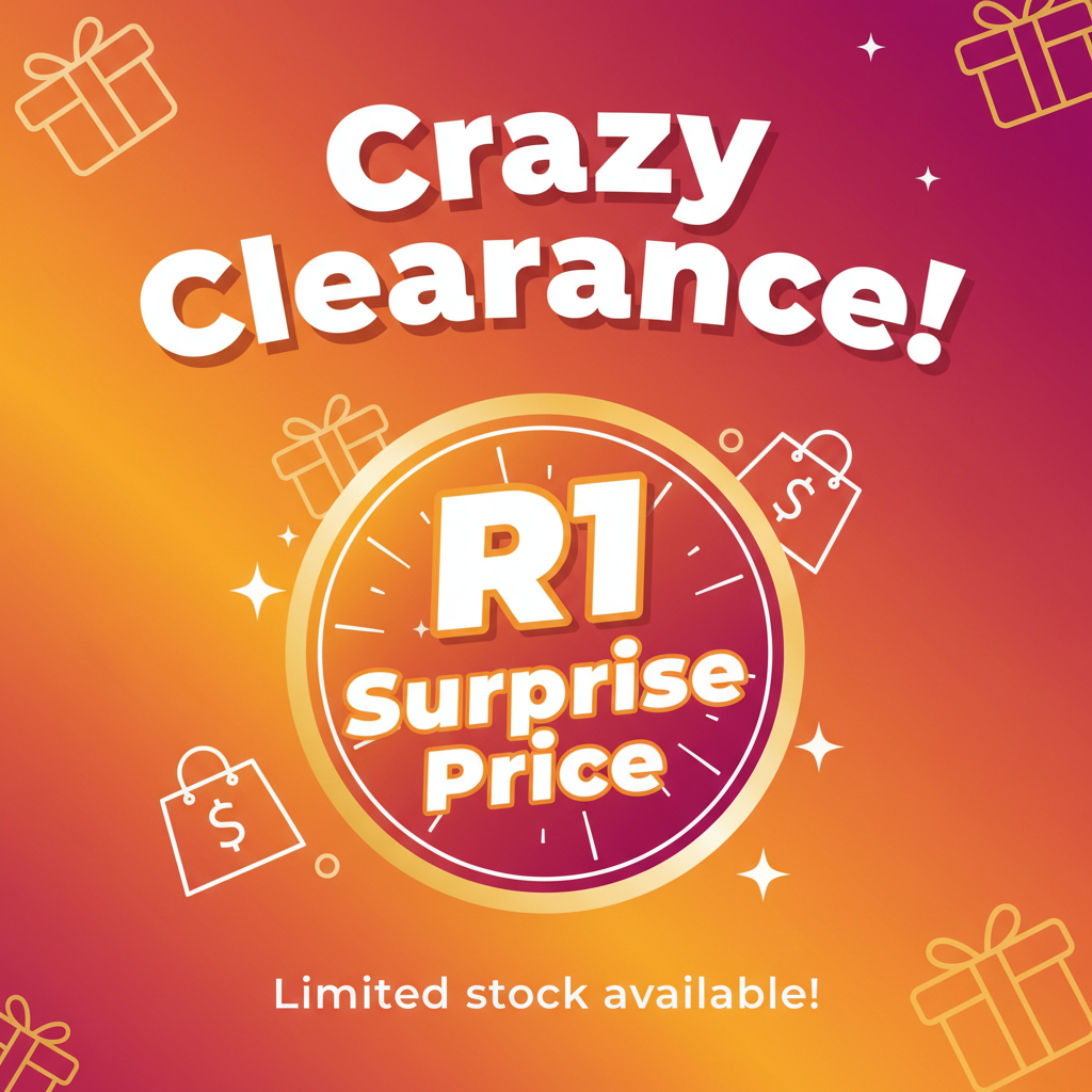 The online shopping and gift package display features a square image with a gradient solid color background. Add the text: “Crazy Clearance!”, “R1 Surprise Price”, and “Limited stock available!”
