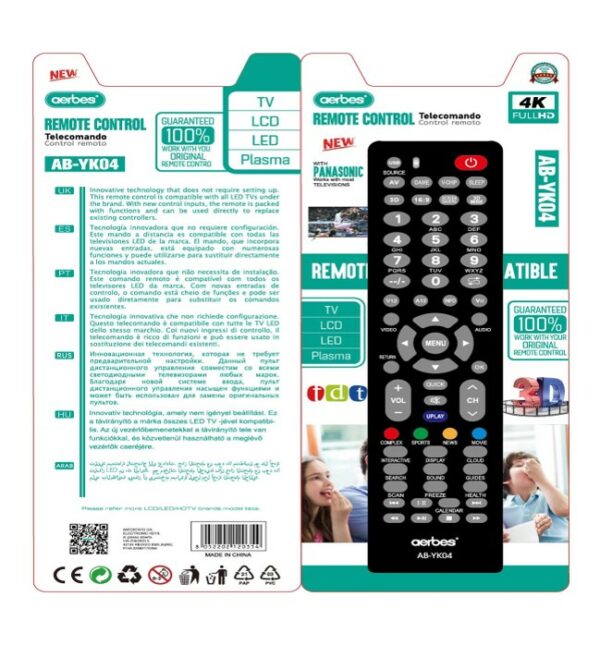 Aerbes AB-YK04 TV Remote Control Compatible With Panasonic And Most TVs
