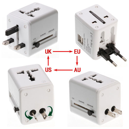 Universal Power Adapter Charger Converter World Travel US/AU/UK/EU Plug + 2 USB