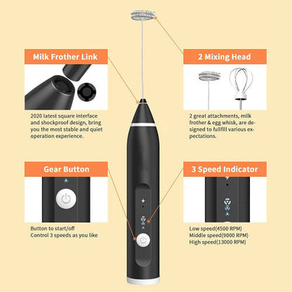 Electric Mixer Milk Frother Handheld USB Rechargeable Drink Foam Maker 3-Speed
